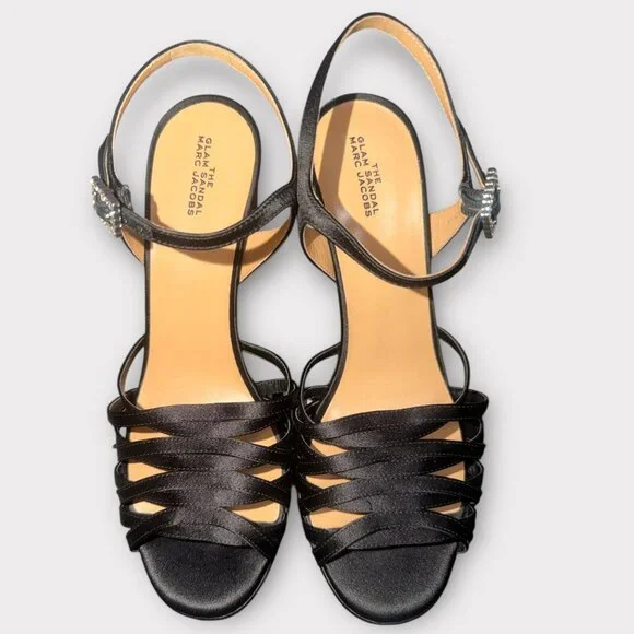 Marc Jacobs The Gram Sandal Women 8.5 Black Satin Formal Heel Platform Prom Rush - Picture 3 of 12